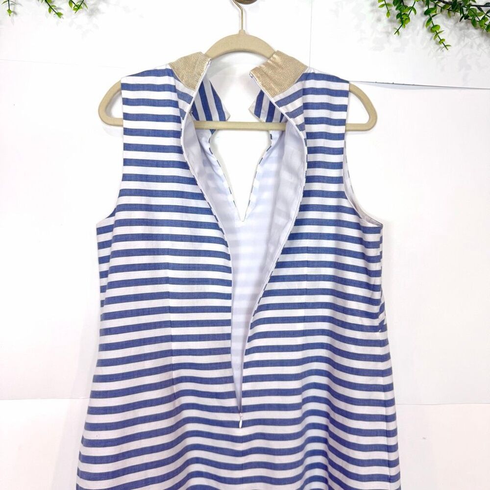 Eliza J Dress 16 Blue White Stripe Nautical Gold V Neck Cotton Mini Tunic short - Picture 10 of 16